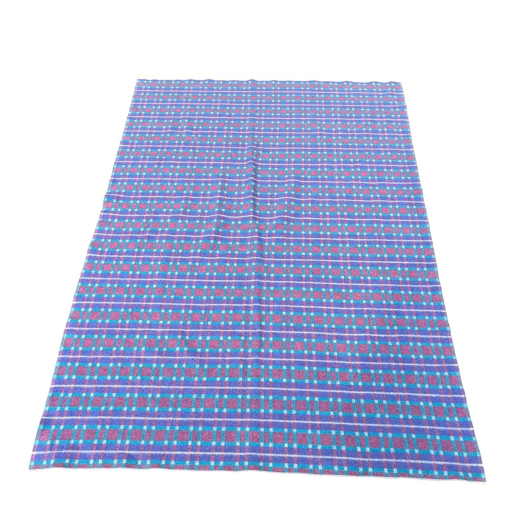 Vintage Traverse Bay Woolen Co Wool Blanket 56x81 Plaid Pink Aqua Purple USA - Picture 3 of 10